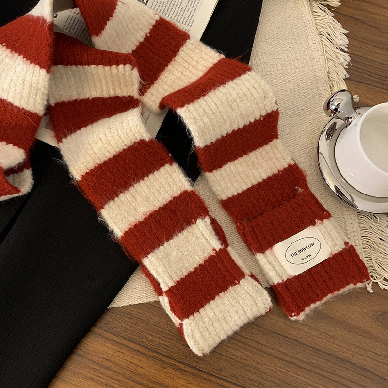 Women's Color Black White Striped Plush Small Winter Scarfs