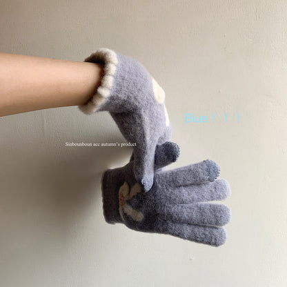 Women's Cycling Warm Plush Finger Fleece-lined Touch Screen Bow Gloves