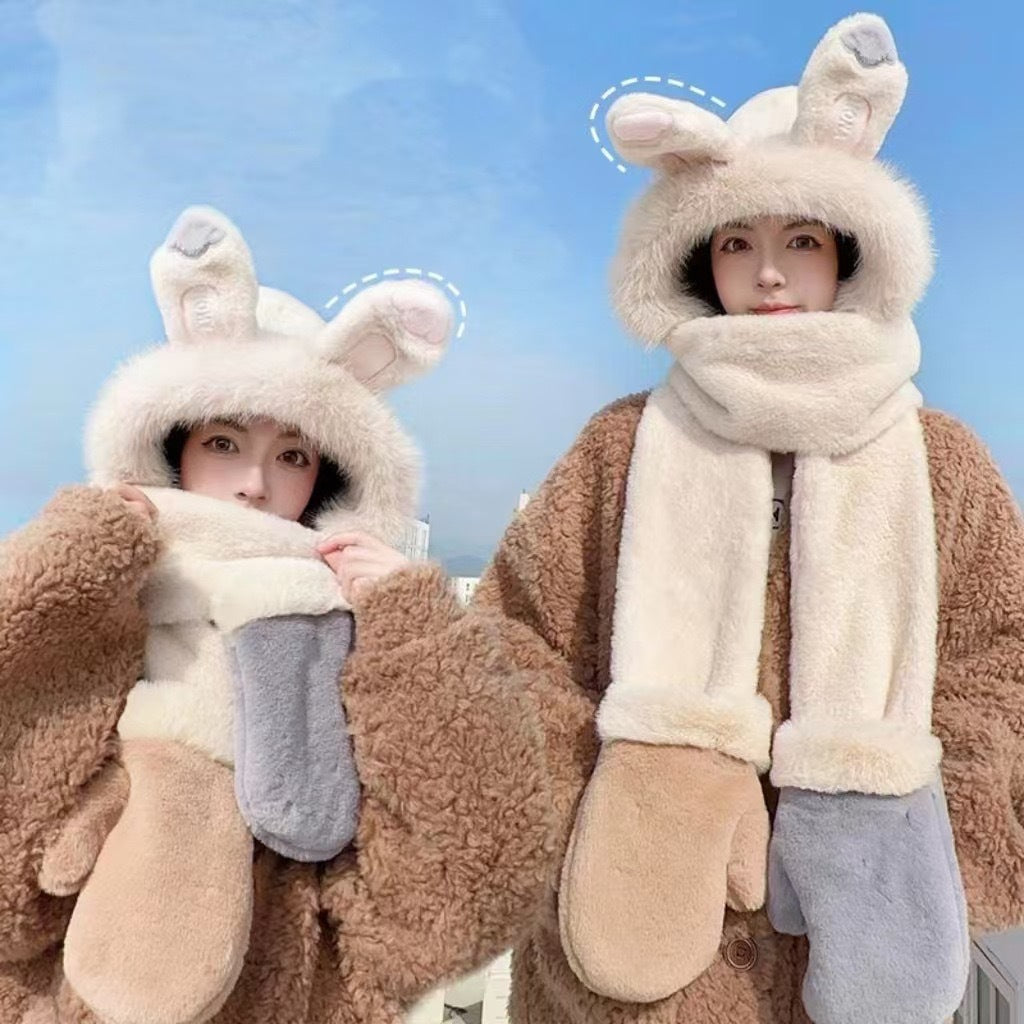 Women's Style Hat Three-piece Set Cute Rabbit Hats & Caps