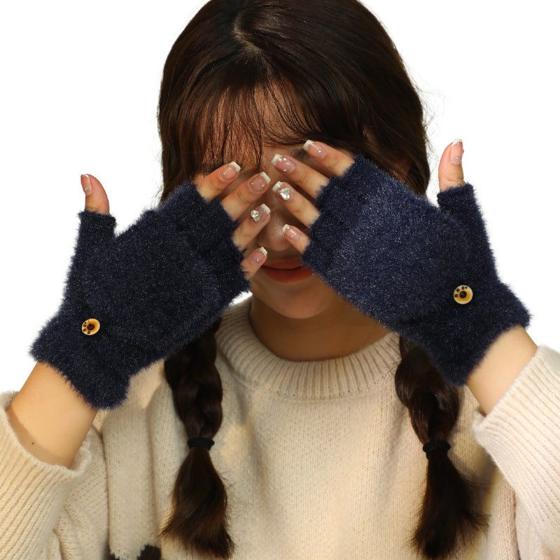 Women's Color Half Finger Flip Warm Winter Cold Gloves