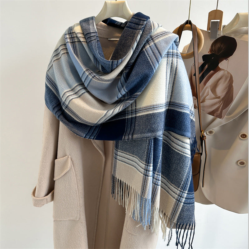 Women's Plaid Atmosphere Versatile Fashionable Thick Warm Tassel Scarfs