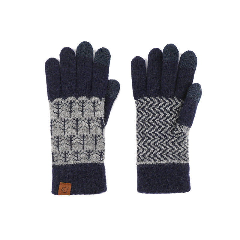 Color Knitted Retro Jacquard Fleece Lining Cycling Gloves