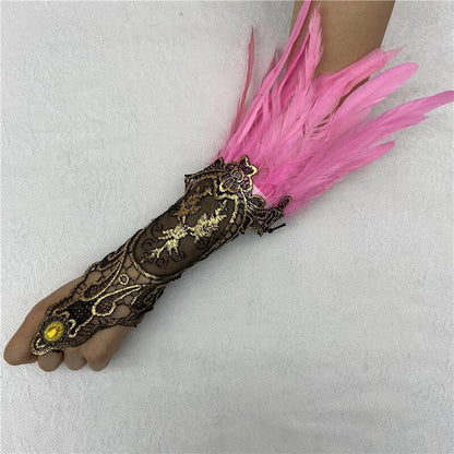 Halloween Feather Gothic Style Hollow Gold Gloves