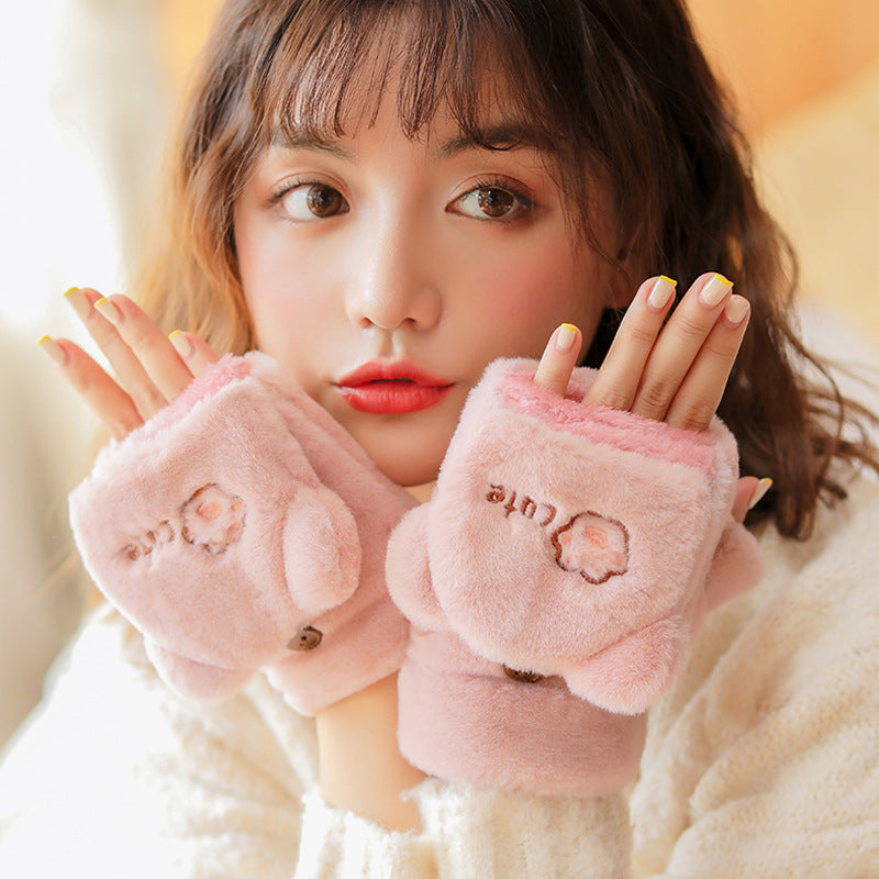 Winter Fleece-lined Cute Korean Style Cartoon Extra Thick Gloves