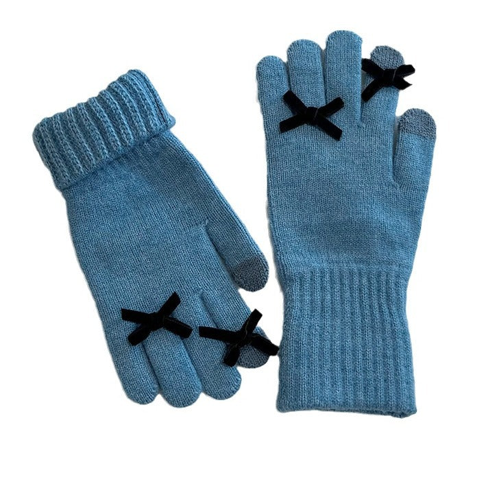 Women's Winter Cold Protection Thickening Foldable Solid Color Bow Touch Gloves