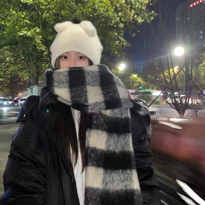 Women's Winter High-grade Mohair Black White Plaid Scarfs