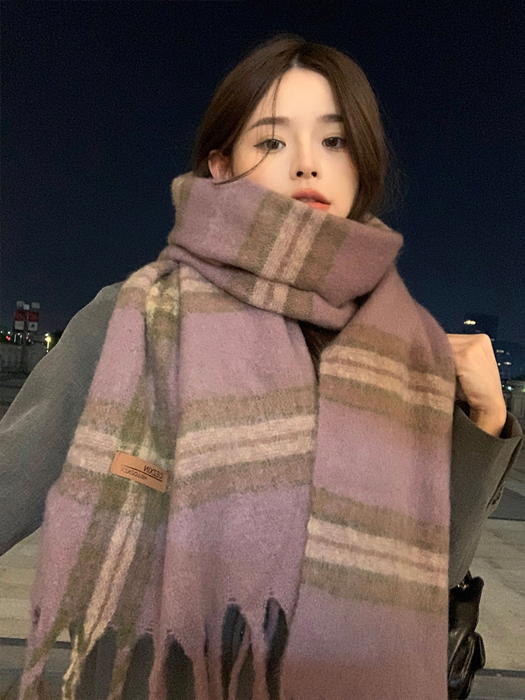 Women's & Men's Korean Style Leather Tag Plaid Tassel Scarfs