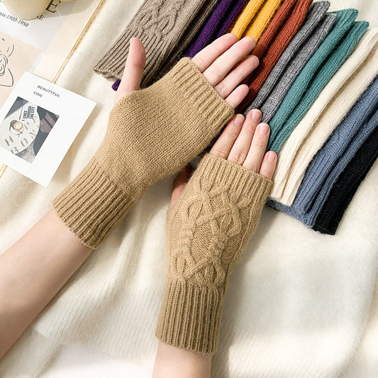 Women's Half Finger Writing Wool Knitted Warm Gloves