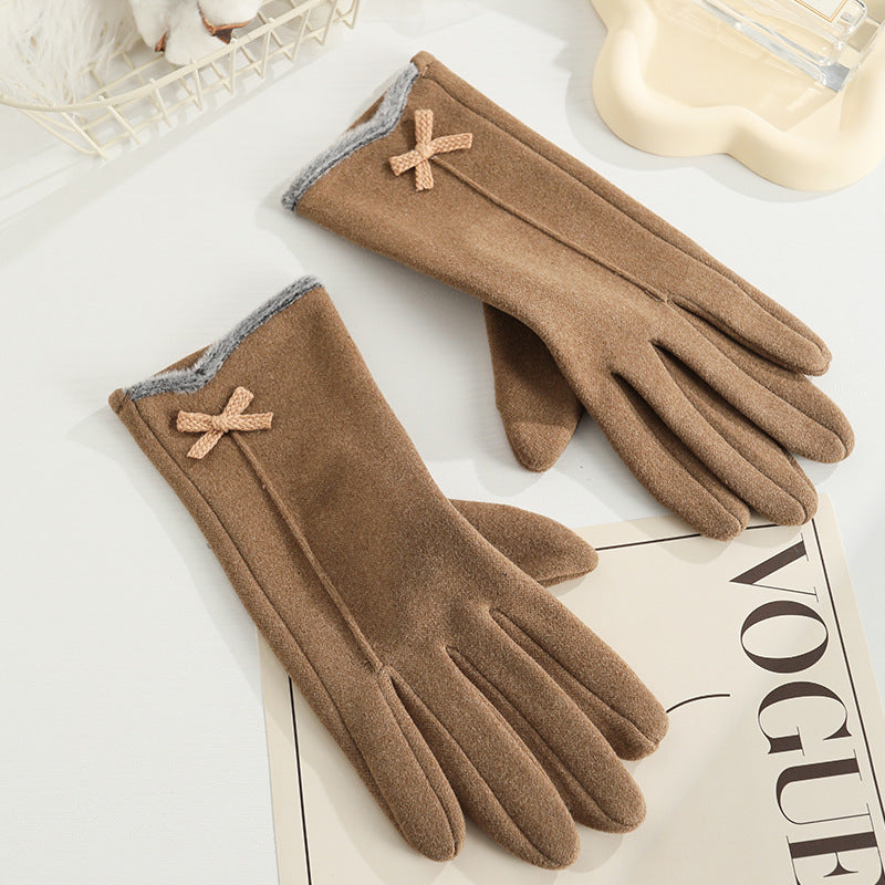 Women's Angora Fleece-lined Bow Outdoor Driving Cycling Sports Cute Gloves