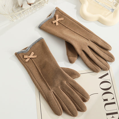 Women's Angora Fleece-lined Bow Outdoor Driving Cycling Sports Cute Gloves