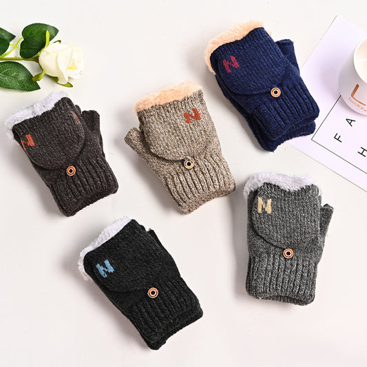 Men's Flip Letter Winter Fleece-lined Thickened Fingerless Knitted Gloves