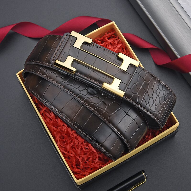 Men's Inner Wear Automatic Buckle Crocodile Pattern Cowhide Simple Business Belts