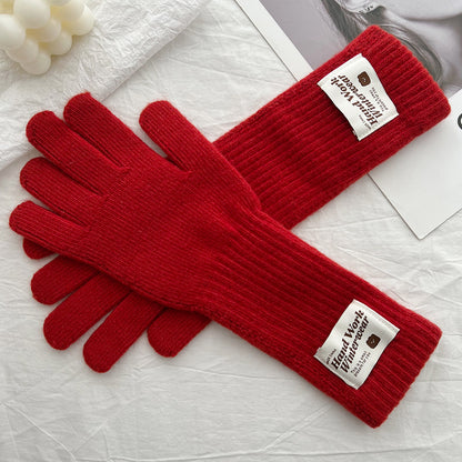 Women's Korean Style Solid Color Labeling Long Knitted Wool Finger Gloves