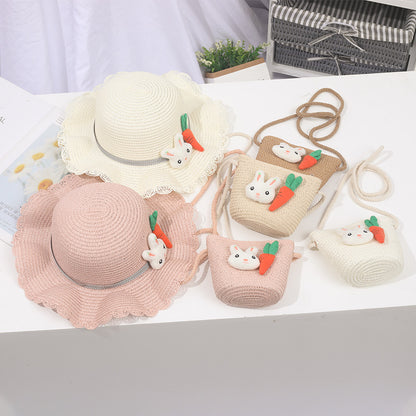 Children's Straw Hat Summer Sun Protection Bag Set Korean Style Kids' Headwear