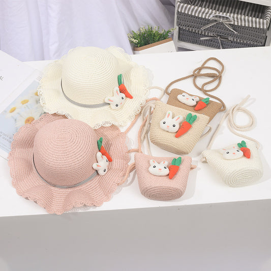 Children's Straw Hat Summer Sun Protection Bag Set Korean Style Kids' Headwear