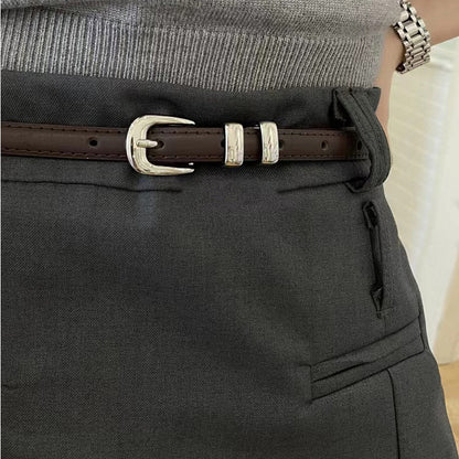 Women's Small Genuine Leather Thin Simple Sier Buckle Belts