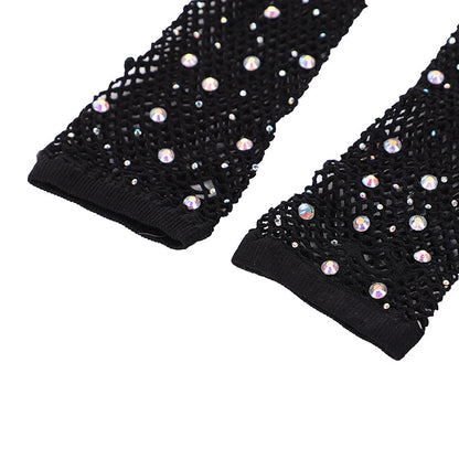 Rhinestone Mid-length Mesh Disco Stretch Colorful Gloves