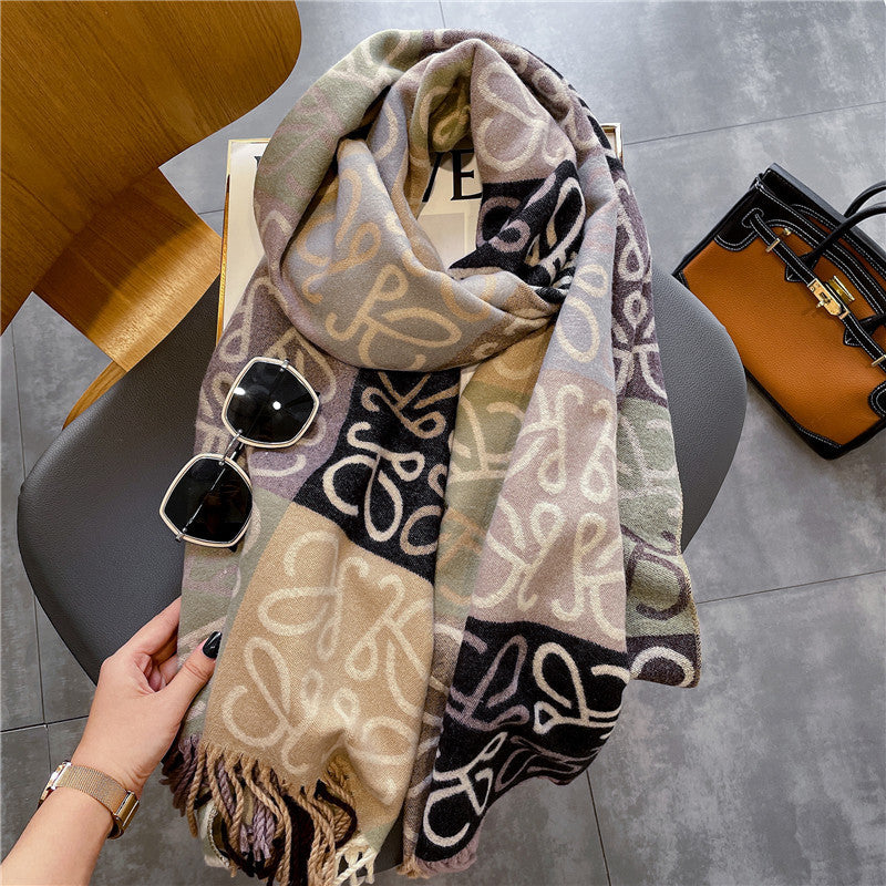 Women's Thick Tassel Cat Printing Shawl Warm Scarfs