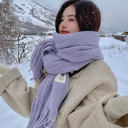 Women's Knitted Wool Winter Solid Color White Scarfs