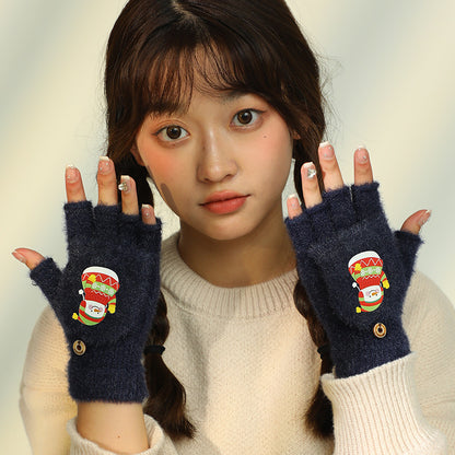 Cute Cartoon Plush Warm Flip Open Finger Gloves