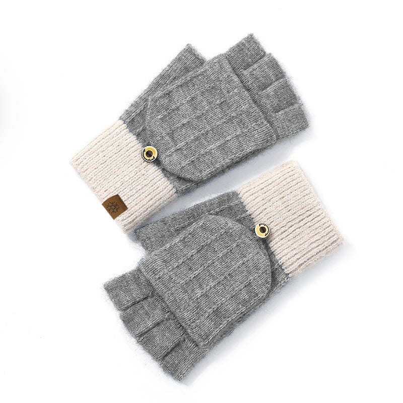 Women's Half Finger Flip Knitted Winter Cute Fleece-lined Outdoor Warm Gloves