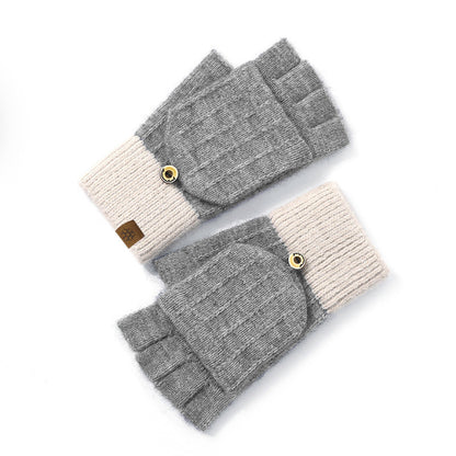 Women's Half Finger Flip Knitted Winter Cute Fleece-lined Outdoor Warm Gloves