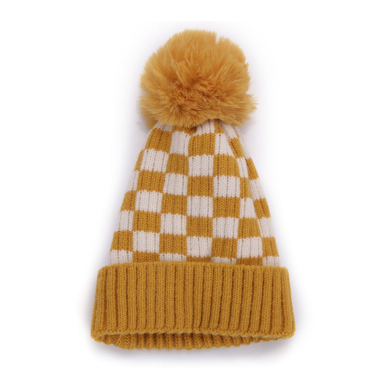 Style Trendy Woolen Boys Chessboard Plaid Knitted Kids' Headwear