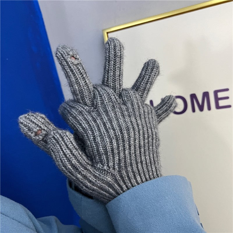 Women's Woolen Knitted Labeling Winter Warm Red Open Gloves