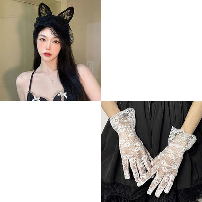 Black Pure Wind Cat Ear Headband Female Lace Gloves