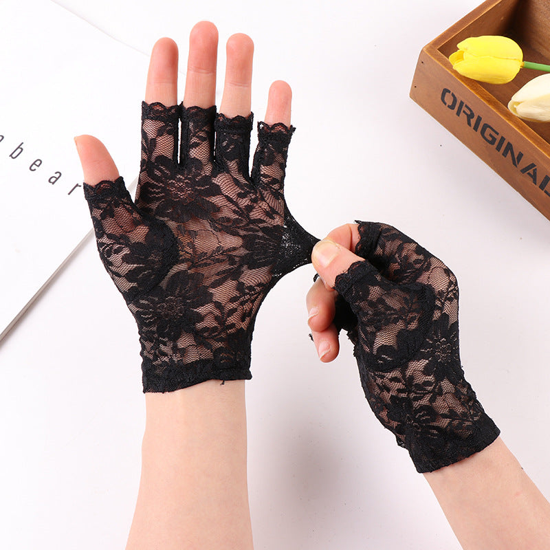 Half Finger Female Flower Black Sexy Cutout Mesh Gloves