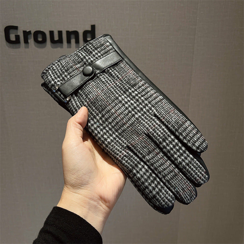 Men's Leather Patchwork Plaid Thermal Fleece-lined Thickened Gloves