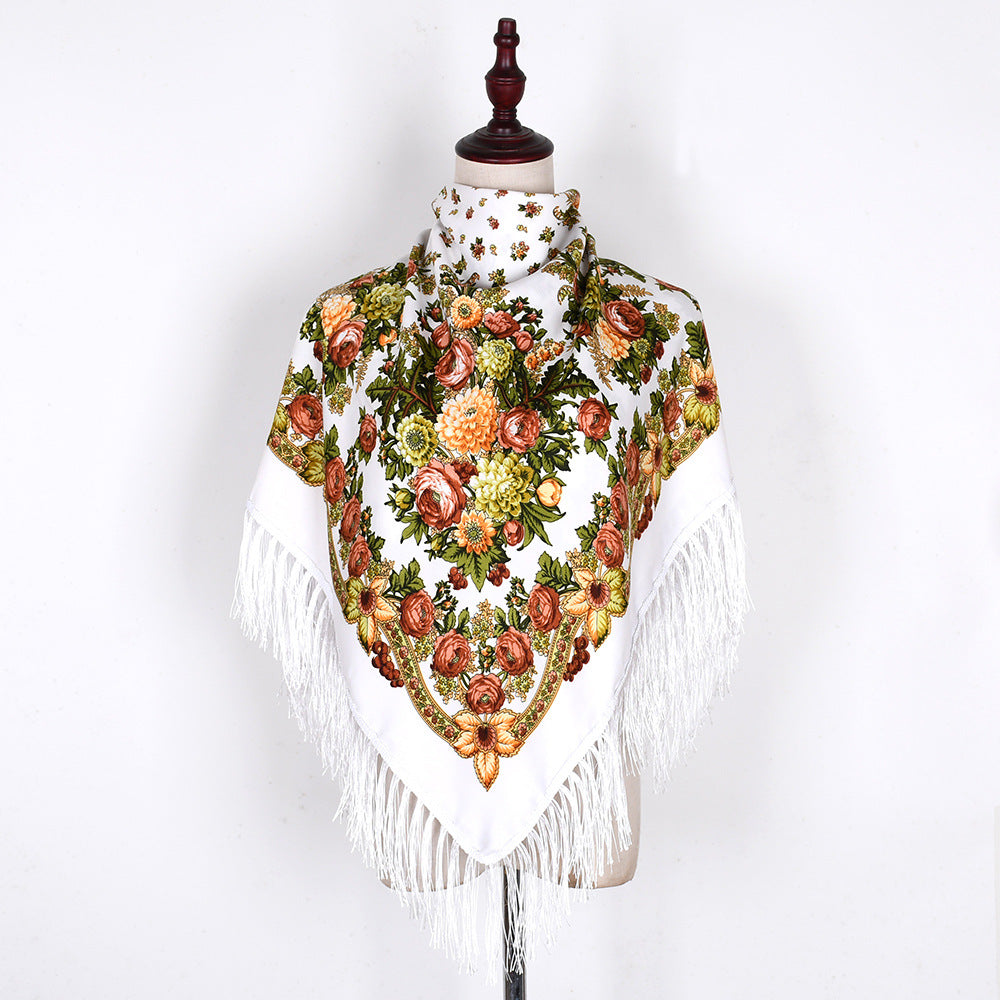 Women's Style Tassel Flowers Printed Spring Travel Embroidered Square Scarfs