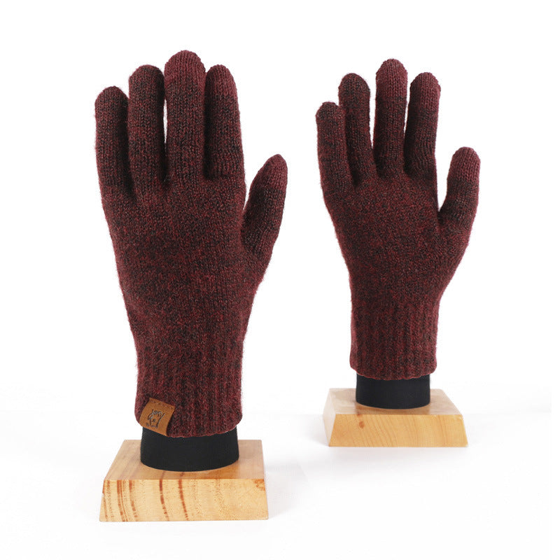 Wool Knitted Plaid Fleece-lined Thickened Cycling Five-finger Gloves