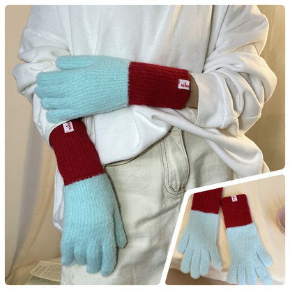 Women's Picture Scroll Color Matching Knitted Five-finger Thickened Warm Gloves