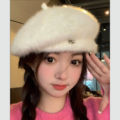 Plush White Beret Female Korean Style Elegance Hats & Caps