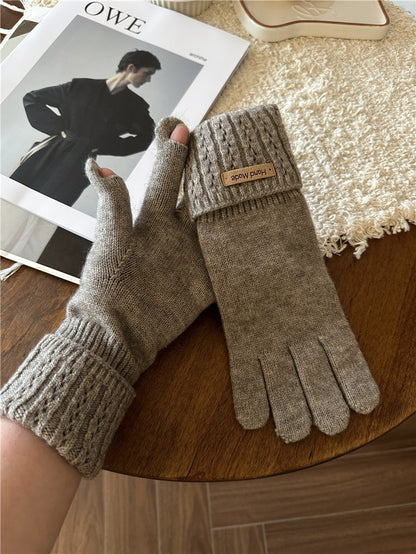 Women's Knitted Cashmere Solid Color Labeling Wrist Guard Gloves