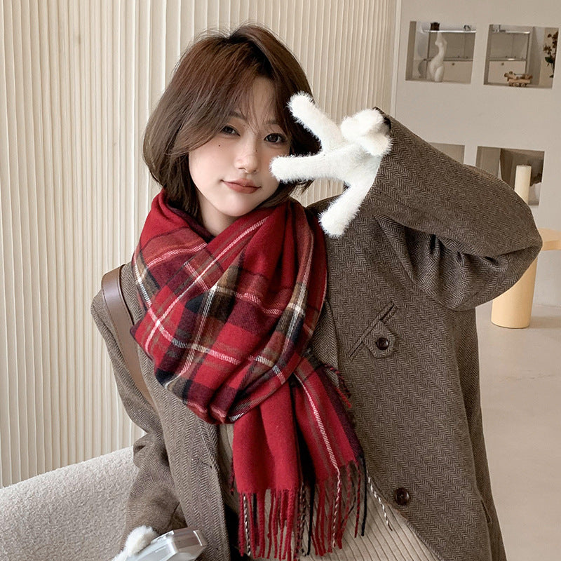 Women's Slouchy Plaid Korean Tassel Shawl Scarfs