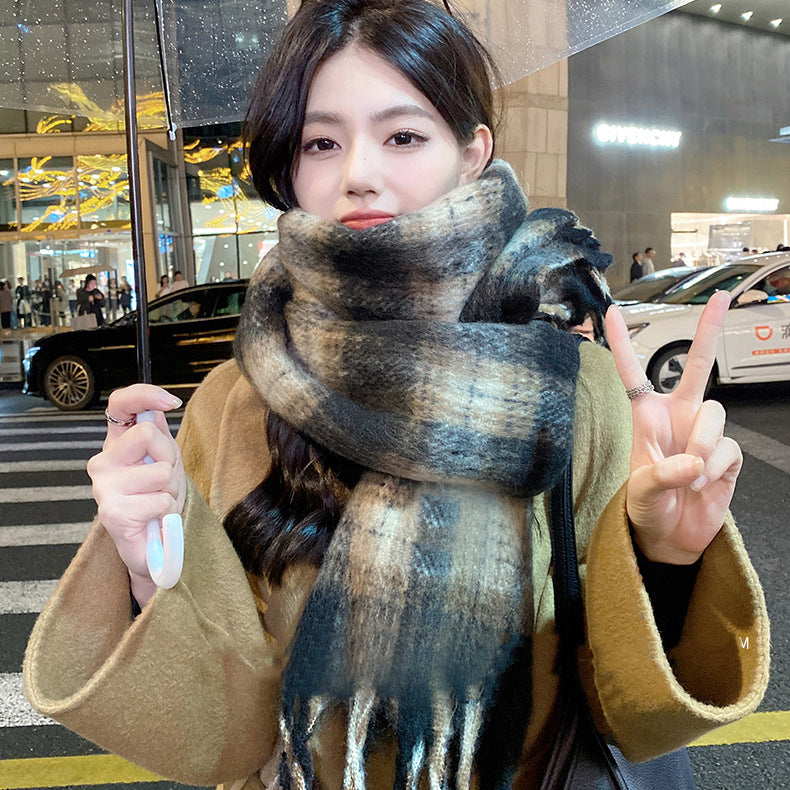 Mohair Thick Atmosphere Plaid Warm Korean Scarfs