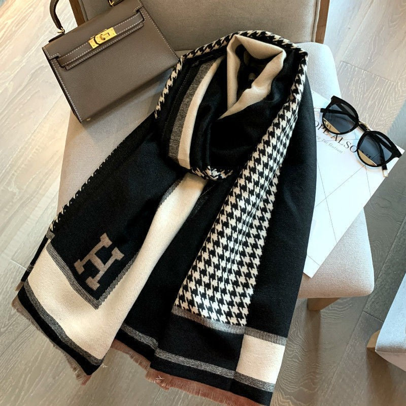 Cashmere Female Winter British Classic Black White Plaid Warm Scarfs