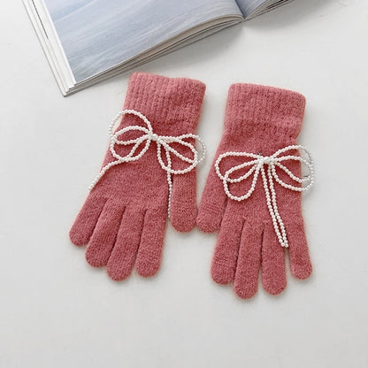 Women's Korean Style Pearl Toque One Bow Warm Gloves