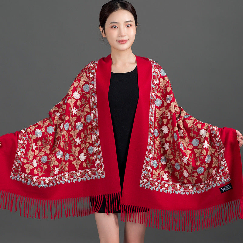 Red Embroidery Cashmere Female Cheongsam Air Scarfs