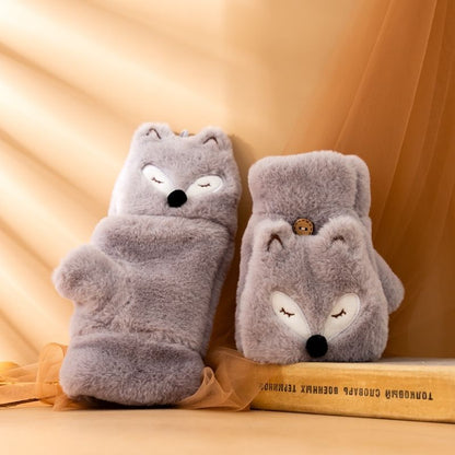 Fleece-lined Thickened Cartoon Cute Korean Style Little Fox Open Gloves