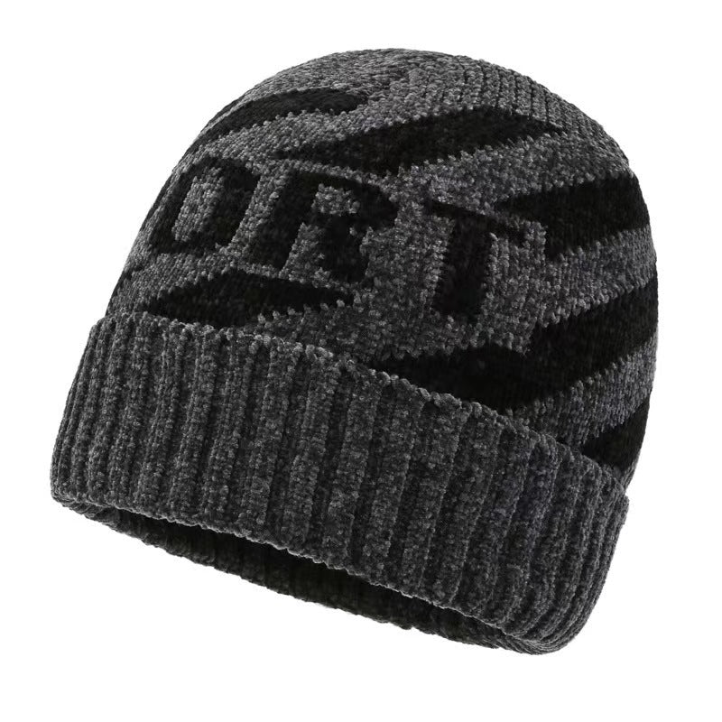 Men's Warm Knitted Chenille Jacquard Pullover Two-piece Hats & Caps