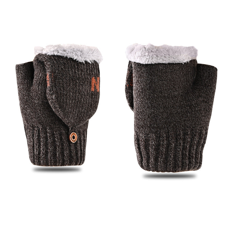 Men's Flip Letter Winter Fleece-lined Thickened Fingerless Knitted Gloves