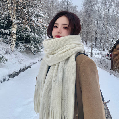 Women's Knitted Wool Winter Solid Color White Scarfs