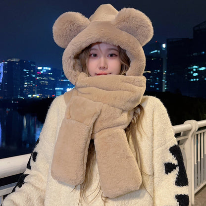 Women's Plush Bear Hat Integrated Winter Cartoon Kids' Headwear