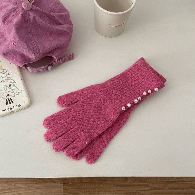 Pearl Knitted Female Riding Finger Open Gloves