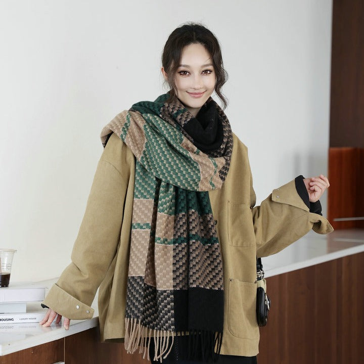 Women's Color Matching Plaid Thickened Warm Tassel Striped Shawl Scarfs