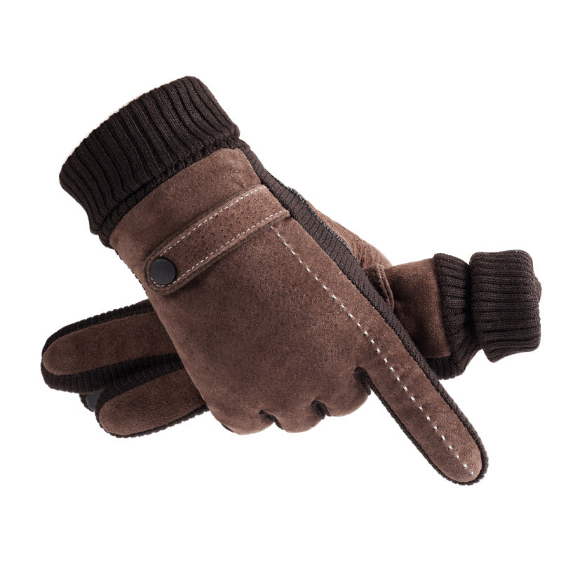 Men's Pig Leather Windproof Warm Motorcycle Fleece-lined Cycling Gloves