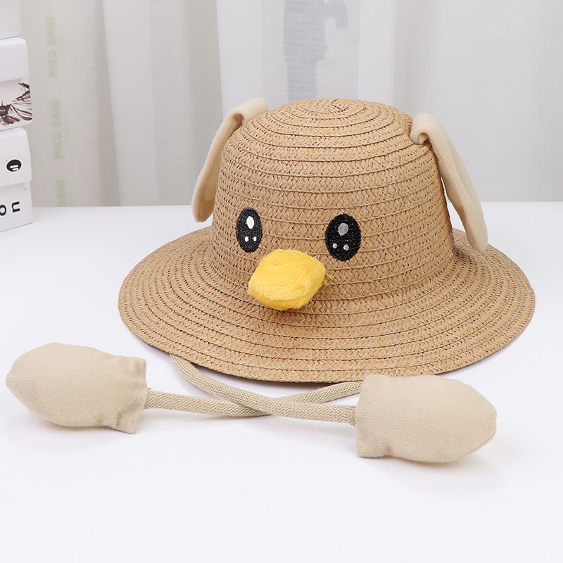 Children's Movable Rabbit Ears Straw Hat Cute Cartoon Summer Kids' Headwear